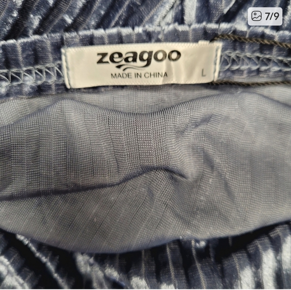 Zeagoo Vevlvet Metallic Light Blue Long Sleeve V neck Mini Dress Smocked Waist - Picture 8 of 9
